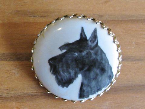 Hand painted vintage bone china brooch Scotty Dog.