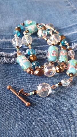 Beautiful vintage glass and crystal bead necklace, aqua & copper