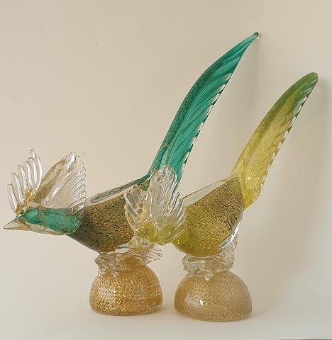 Pair of Large Murano Glass Green Birds.