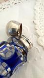 Antique Sterling Silver Lidded Blue Cut To Clear Scent Bottle C1893 - 1911