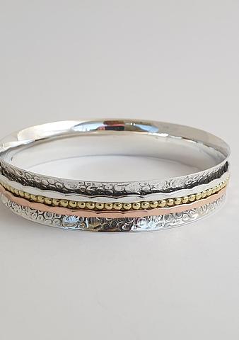 Embossed Solid 925 Sterling Silver Spinner Bangle with Copper & Brass