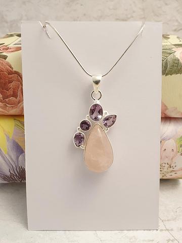 Hand Crafted One of a kind Sterling Silver Rose Quartz and Amethyst Pendant