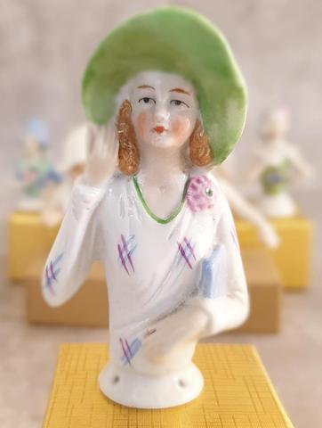 Large German Porcelain Half Doll Green Hat