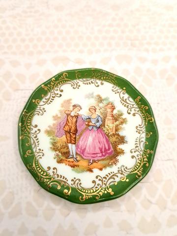 Limoges Miniature Green & Gold Plate Courting Couple