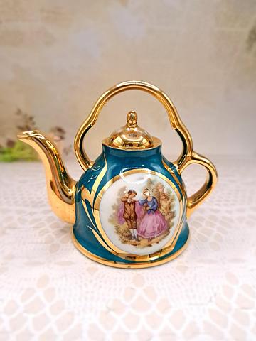 Impressive Gold and Teal Limoges Miniature Teapot